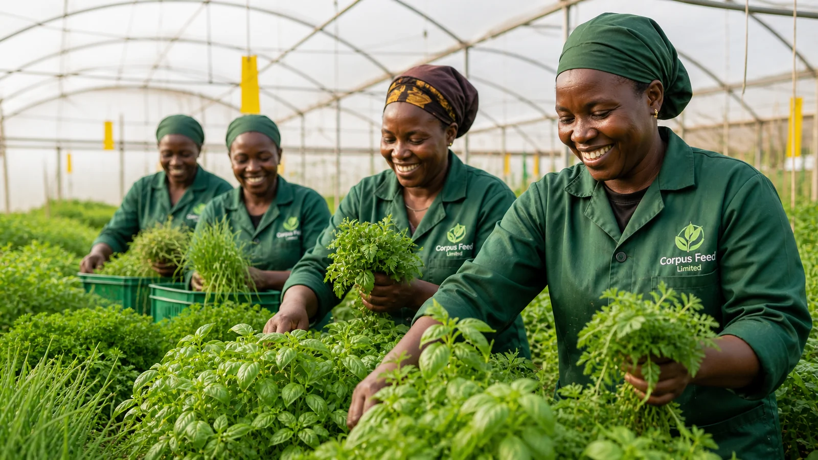 Women harvesting herbs and vegetables in modern protected production